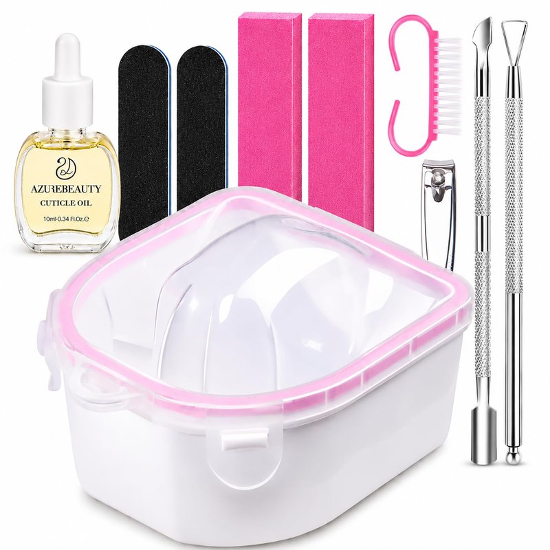 AZUREBEAUTY Nail Soaking Bowl, Soak Off Dip Powder Gel Polish Remover, Manicure Bowl for Hand with 15ml Cuticle Oil Nail Art Tools, Nail Brush, Cuticle Pusher, Cuticle Peeler, Nail File Buffer