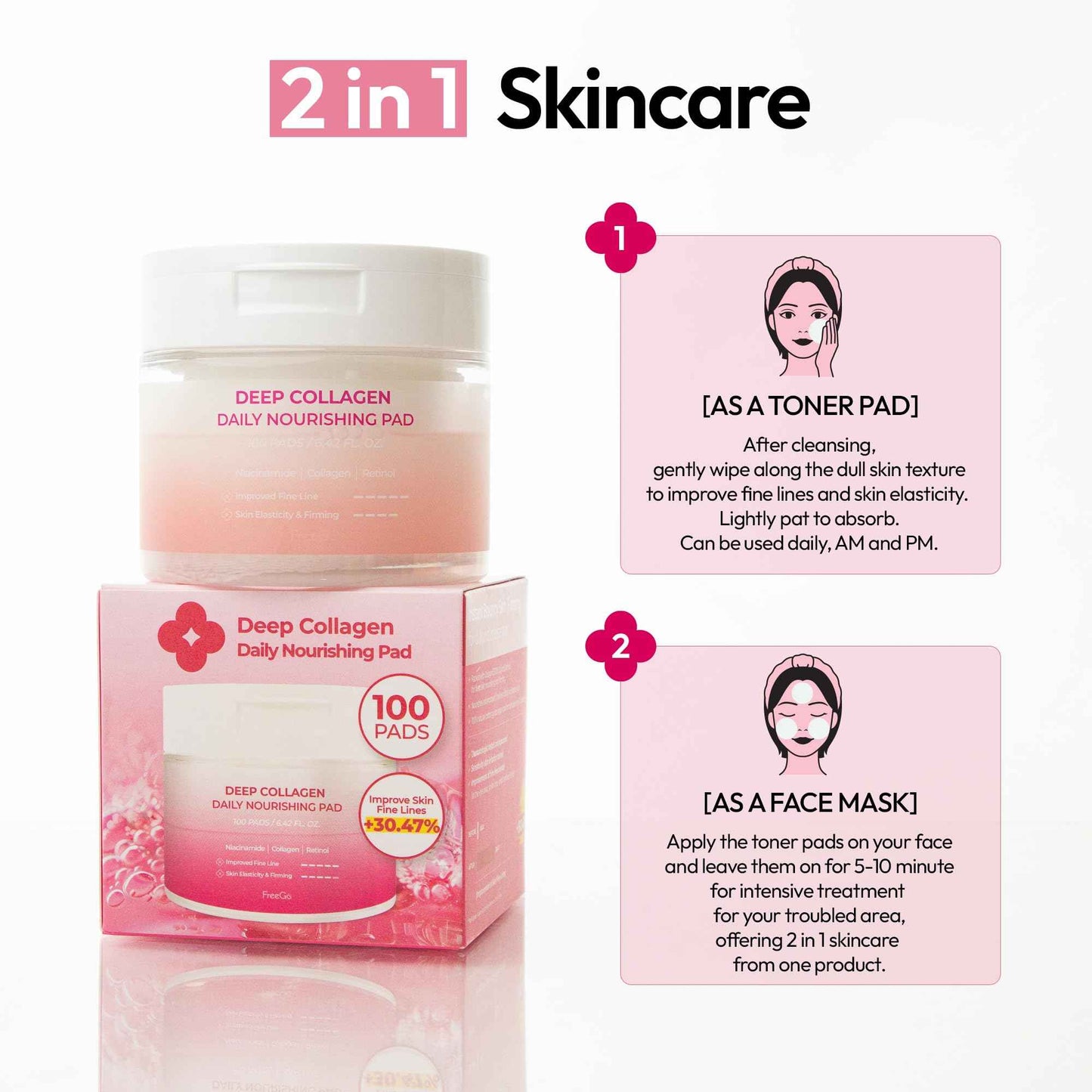 FreeGo Deep Collagen Daily Nourishing Pad (100 Pads), K-Beauty Facial Toner Pads for Dull and Coarse Skin, Instant Bouncy Skin Firming