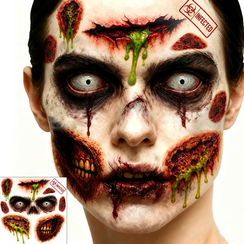 Halloween Zombie Tattoos Kit – 6 Sheets (4 Zombie Tattoos + 2 Wound Tattoos) – Fake Scars Temporary Tattoos for Adults, Women, Men – Realistic Zombie Makeup Kit, Scary Halloween Makeup Accessories (A)