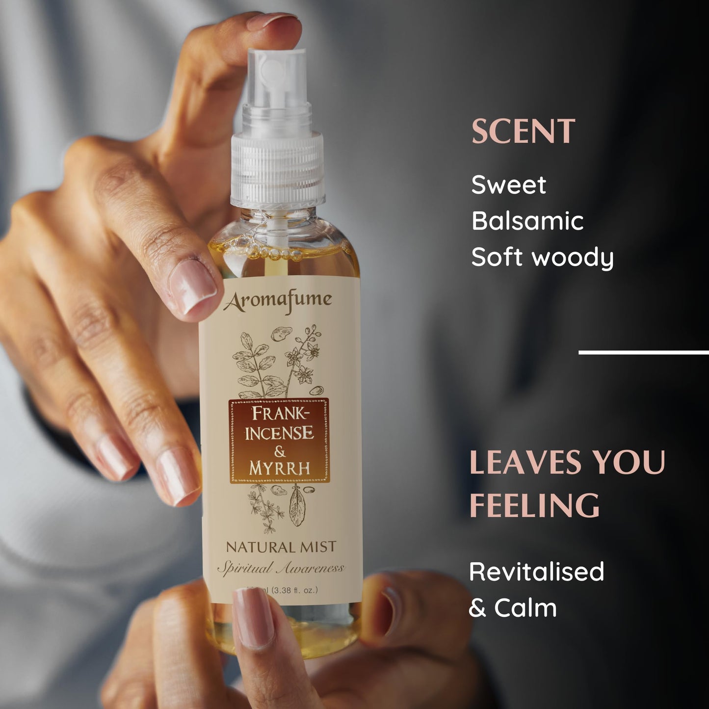 Frankincense & Myrrha Natural Resin Mist Spray by Aromafume | 100 ml / 3.3oz | Ideal for deep relaxation, spirituality & rituals | Made with Pure Resin from Somalia | Non-alcoholic, non-toxic & vegan