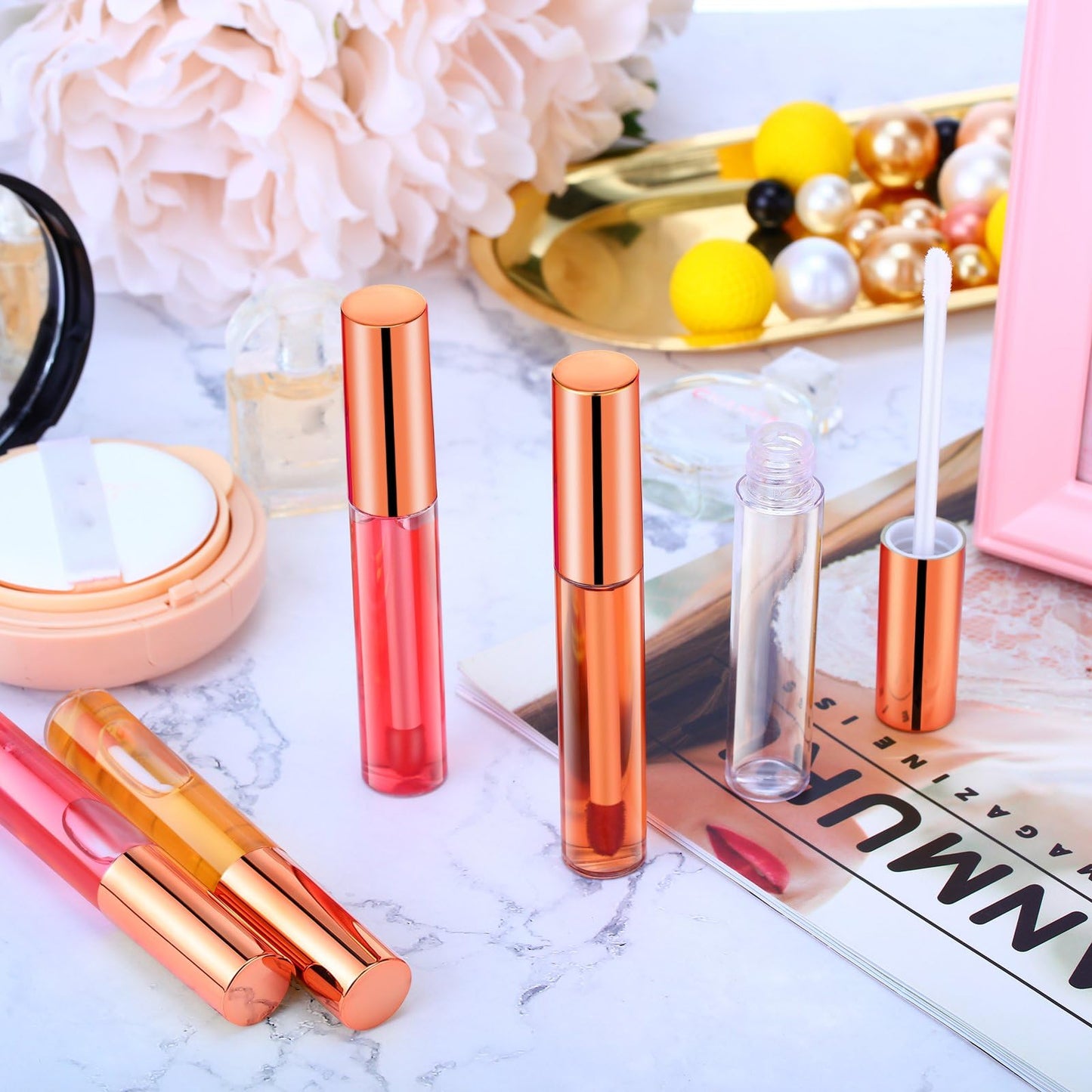 Nuanchu 100 Pcs 10 ml Lip Gloss Tubes Bulk Empty Plastic Lip Gloss Containers Clear Tubes Refillable Balm with Wand and Rubber Inserts Containers Bottles for DIY Makeup Travel (Rose Gold)