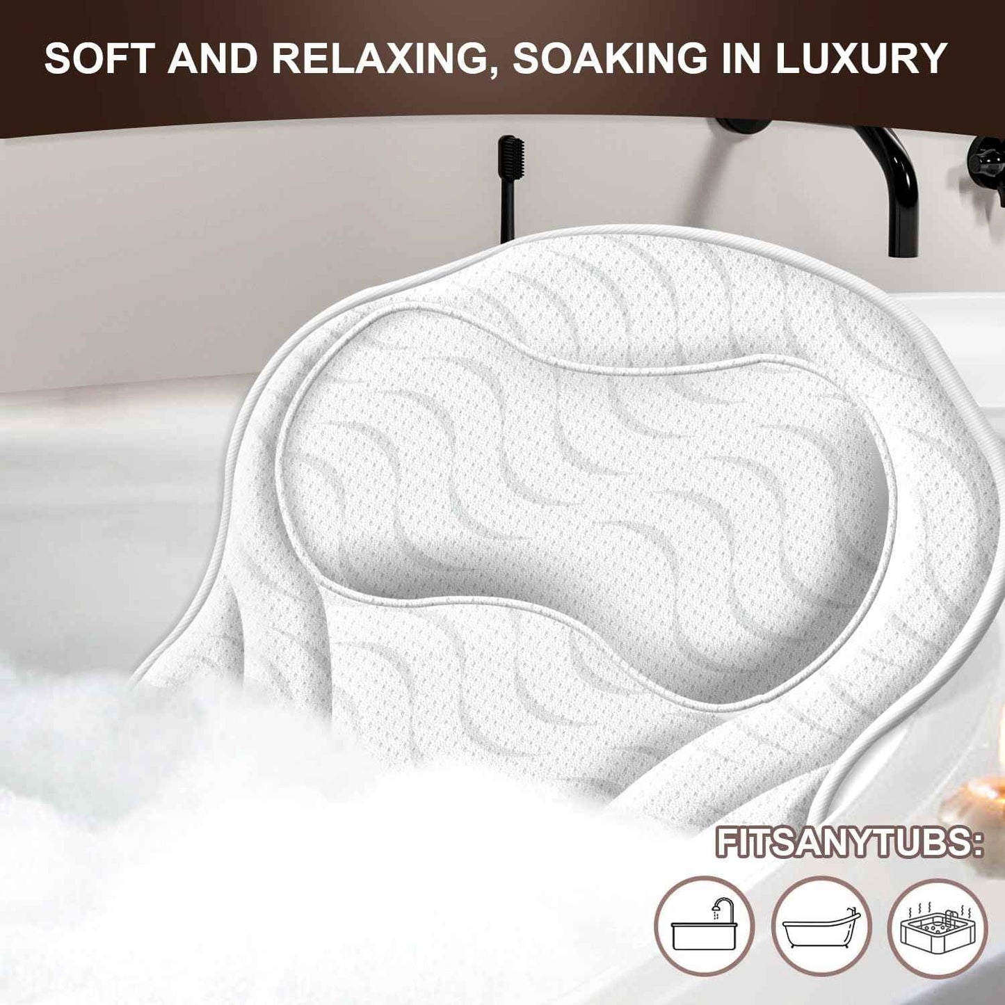 HORIGAY Bath Pillow Luxury Bathtub Pillow - Bath Pillows for Tub Neck and Back Support, Ergonomic Tub Pillow for Bath with 6 Powerful Suction Cups, Fits All Bathtub Portable Bath Accessories - White