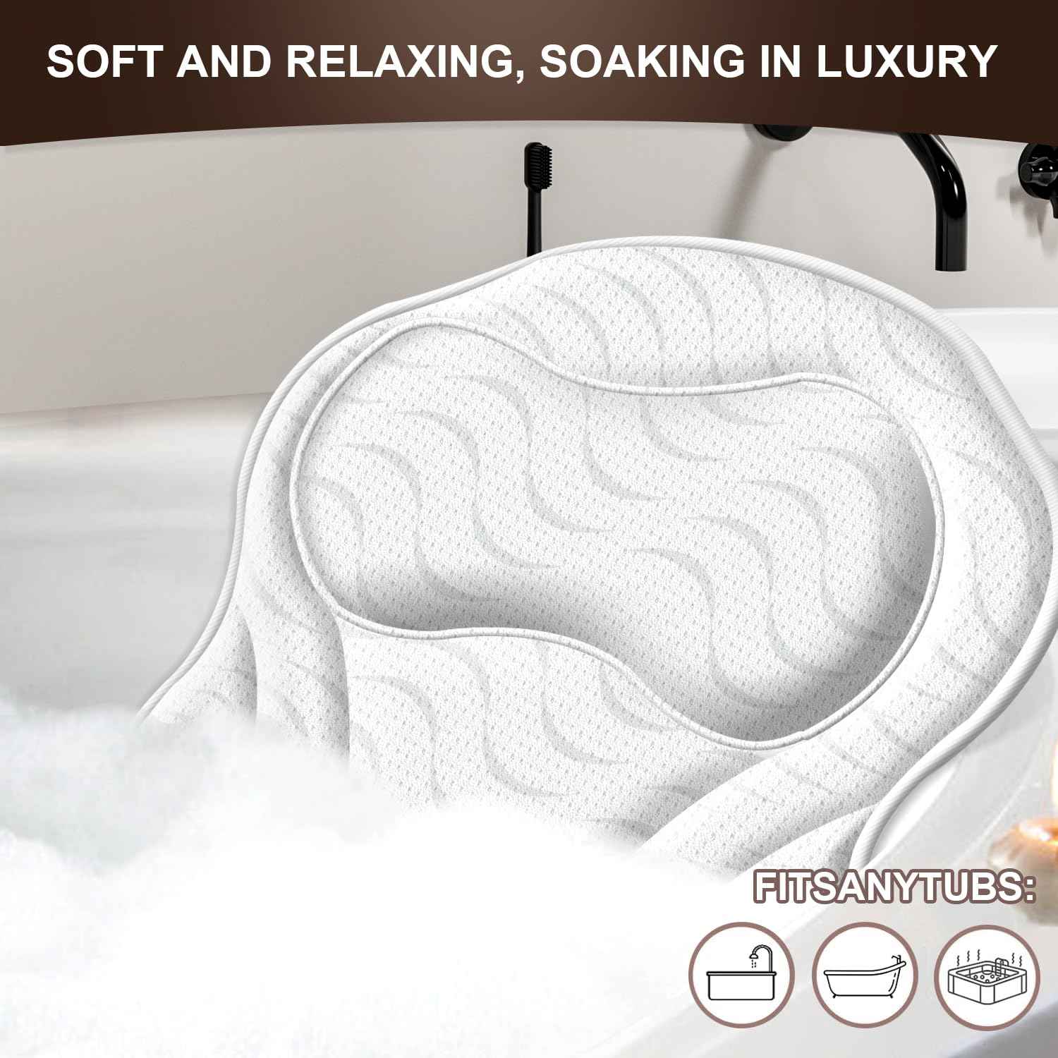 HORIGAY Bath Pillow Luxury Bathtub Pillow - Bath Pillows for Tub Neck and Back Support, Ergonomic Tub Pillow for Bath with 6 Powerful Suction Cups, Fits All Bathtub Portable Bath Accessories - White