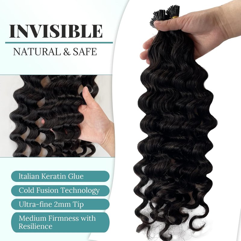 Deep Wave I Tip Hair Extensions - Brazilian Pre-Bonded Keratin | 100 Strands, 18" for 3C & 4A Afro Curly Hair