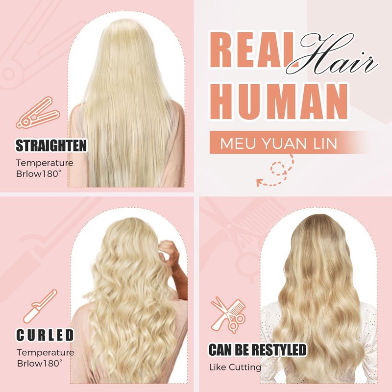 MEI YUAN LIN Clip In Hair Extensions Real Human Hair Platinum Blonde Hair Extensions Clip Ins Silky Soft 18 Inch 5pcs 80g