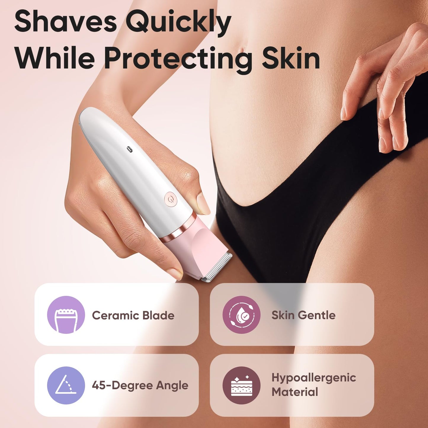 Bikini Trimmer for Women, Painless Electric Razor Shaver Women - Rechargeable Body Hair Trimmer, 3-In-1 Detachable Removal Kit with Ceramic Blade, Cordless Lady Shaver for Trip, IPX7 Waterproof, White