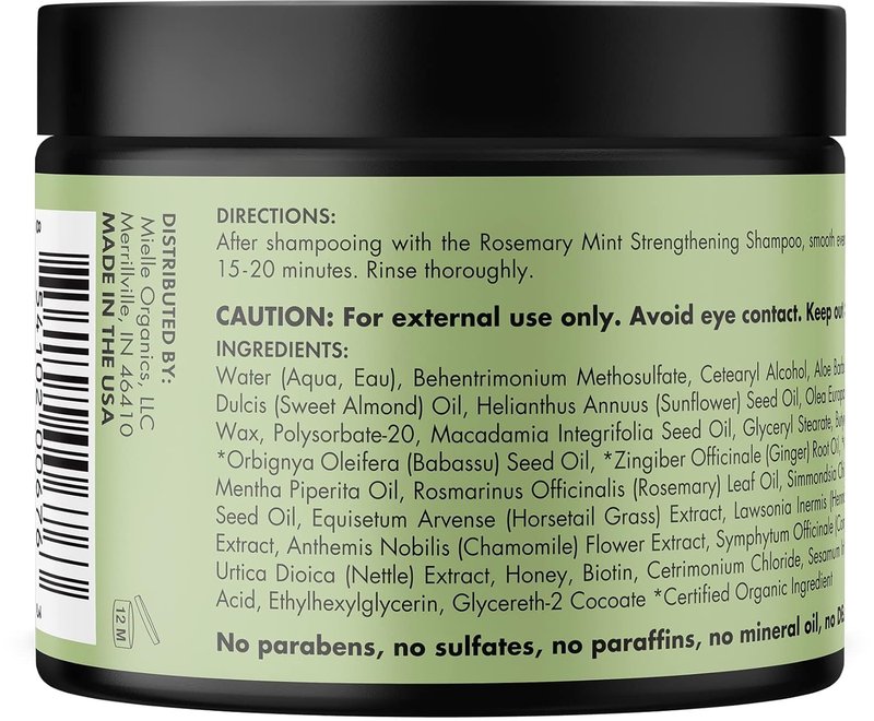 Mielle Organics Rosemary Mint Strengthening Hair Mask, Deep Conditioning Treatment Enriched with Biotin, Honey & Coconut Oil - Helps Encourage Longer, Healthier Strands, 12 Ounce