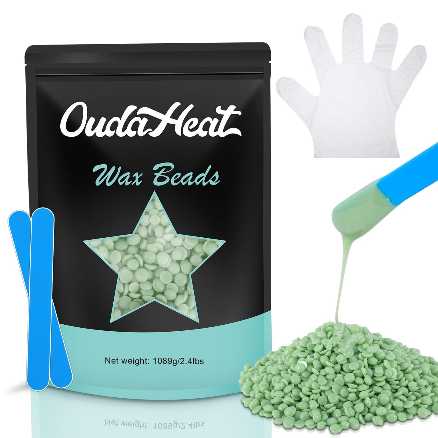 2.4 lb Hard Wax Beads Bulk, Professional Rosin-Free Brazilian Waxing Bead, Hypoallergenic Hair Removal Wax Bead for Sensitive Skin, Body, Bikini, Legs, Home Salons Wax Beans Refill, 5 Silicone Sticks