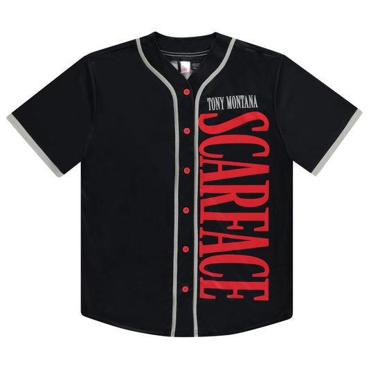 Scarface Tony Montana Men's Jersey - Mesh Button Down Baseball Jersey Movie Retro Fashion Top (Black, Large)
