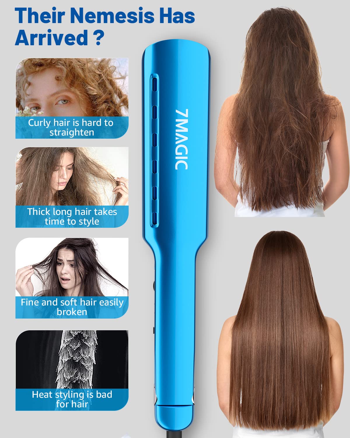 7MAGIC Nano Titanium 1.7" Flat Iron Hair Straightener for Thick Hair, Blue