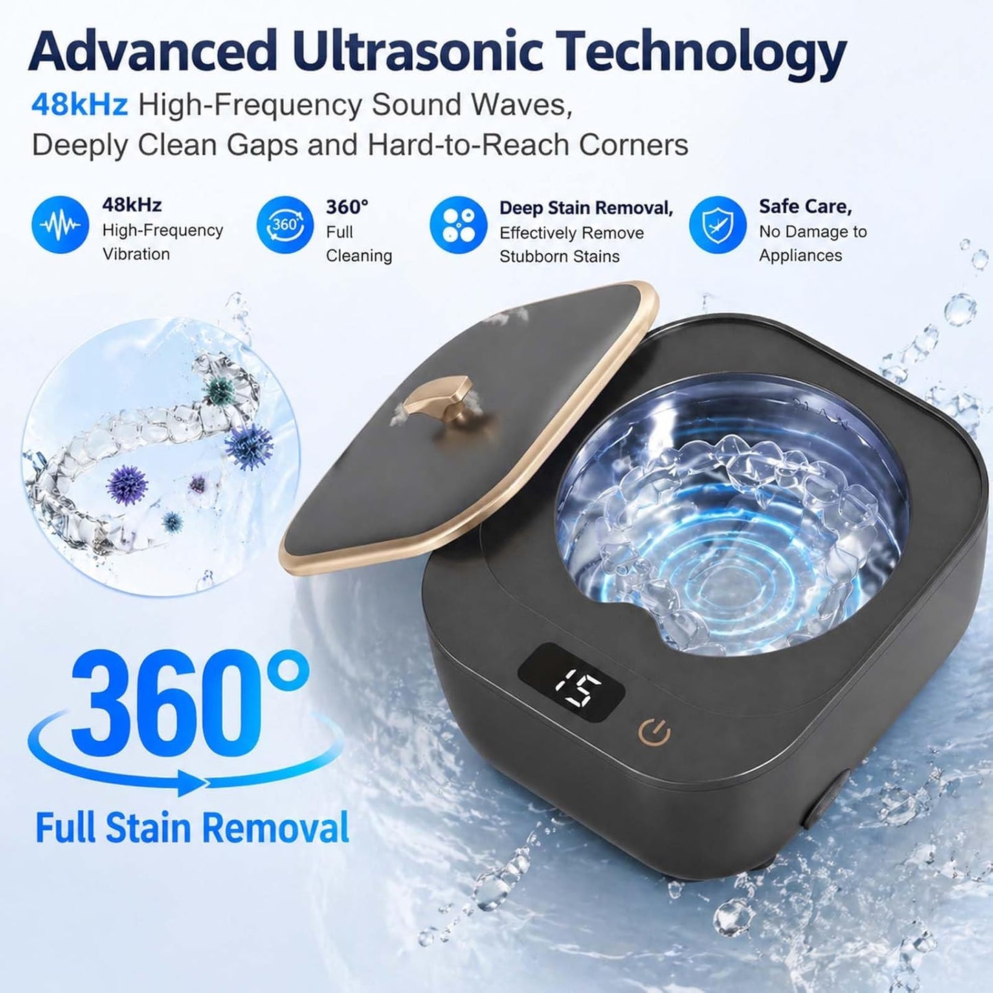 Ultrasonic Retainer Cleaner - 48kHz Dental Cleaner for Aligners, Mouth Guards & Jewelry | 250ml Pod, 3 Cleaning Modes