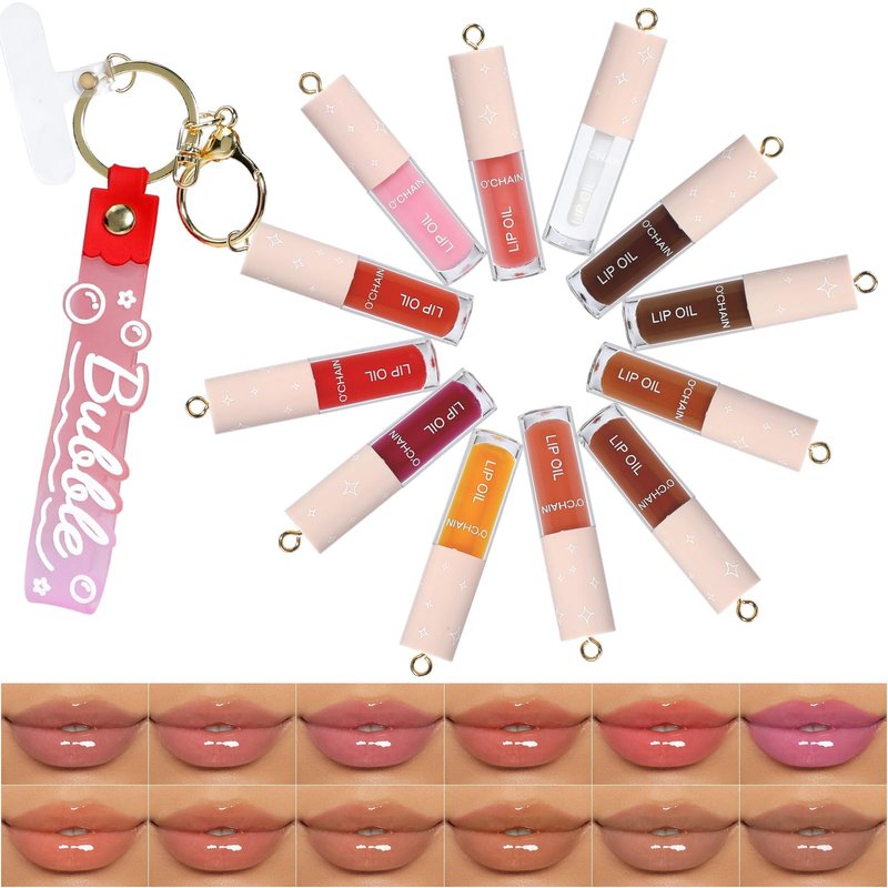 O'CHAIN 12 Colors Lip Oil Set with Portable Keychain, High Shine & Moisturizing, Long Lasting Wear, Deep Hydrating Nourishing Lip Care and Repair Kit for Women and Girls