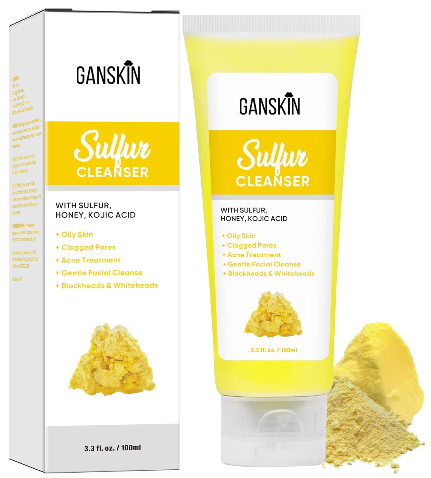 Ganskin Sulfur Soap – Sulfur Face & Body Wash – Sulphur Exfoliating Facial Cleanser Absorbs Excess Oil, Reduces the Look of Breakouts & Cleanses Skin – Natural Oily & Blemish-Prone Skin Care