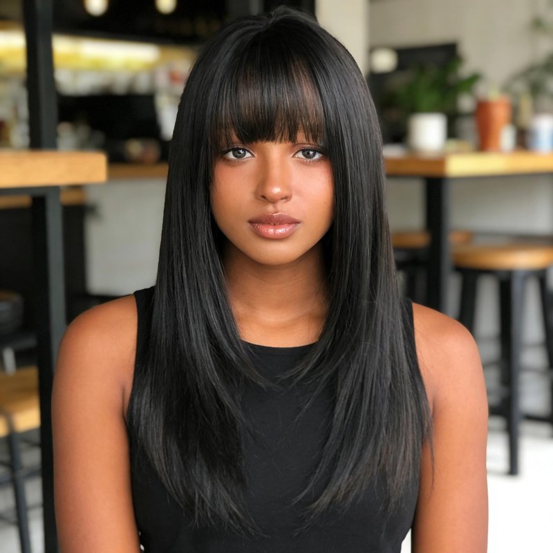 HUAISU Long Black Straight Hair Wig with Bangs Synthetic High Density Long Hair Wig for Women (Black)
