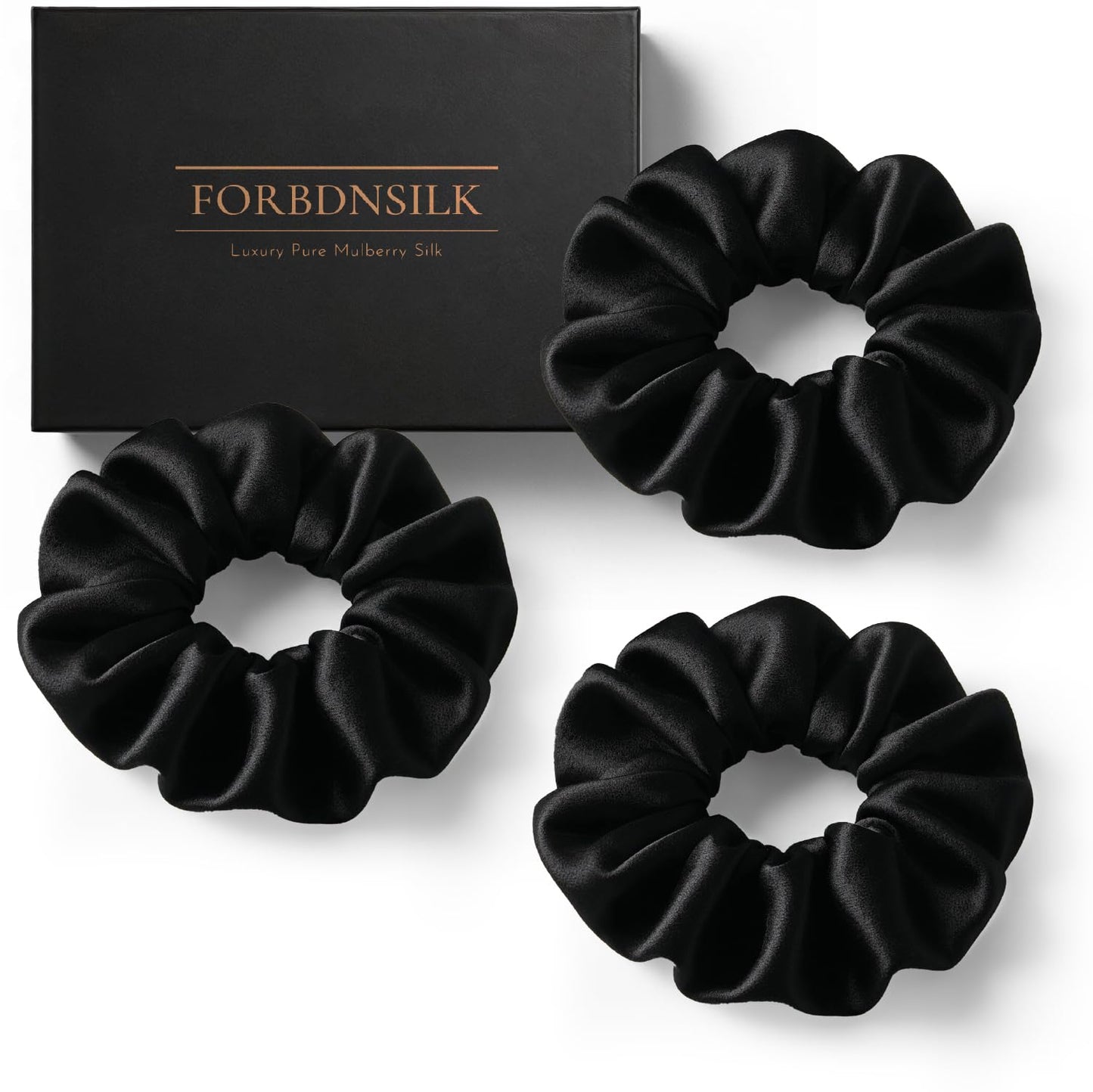 FORBDNSILK 100% Pure 22 Momme Mulberry Silk Scrunchies (Set of 3) | Highest grade (6A) Luxury Hair Ties| (Black,White,Pink) | (Black, Standard)