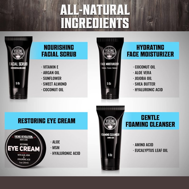 Viking Revolution Men's Facial Skin Care Kit | Moisturizer, Scrub, Cleanser & Eye Cream - 5oz Each, 1oz Eye Cream