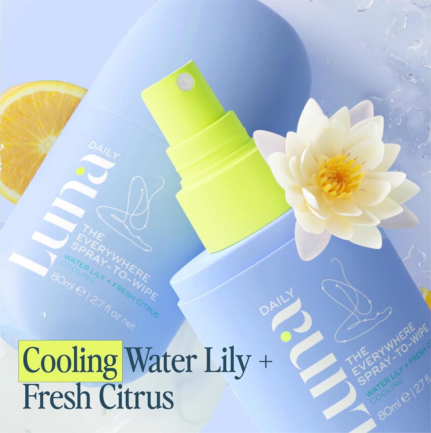Luna Daily Everywhere Spray-To-Wipe | Hydrating Cooling Body Mist for Feminine Care | Water Lily & Citrus | 80ml