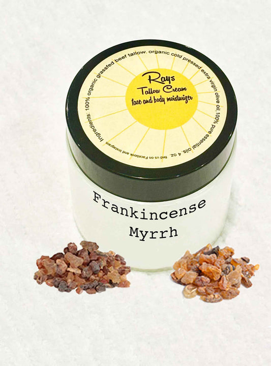 100% Grass Fed Beef Tallow for Skin Care - Face + Body - Whipped Moisturizer - 4 oz. - with 100% Pure Essential Oils - Frankincense Myrrh