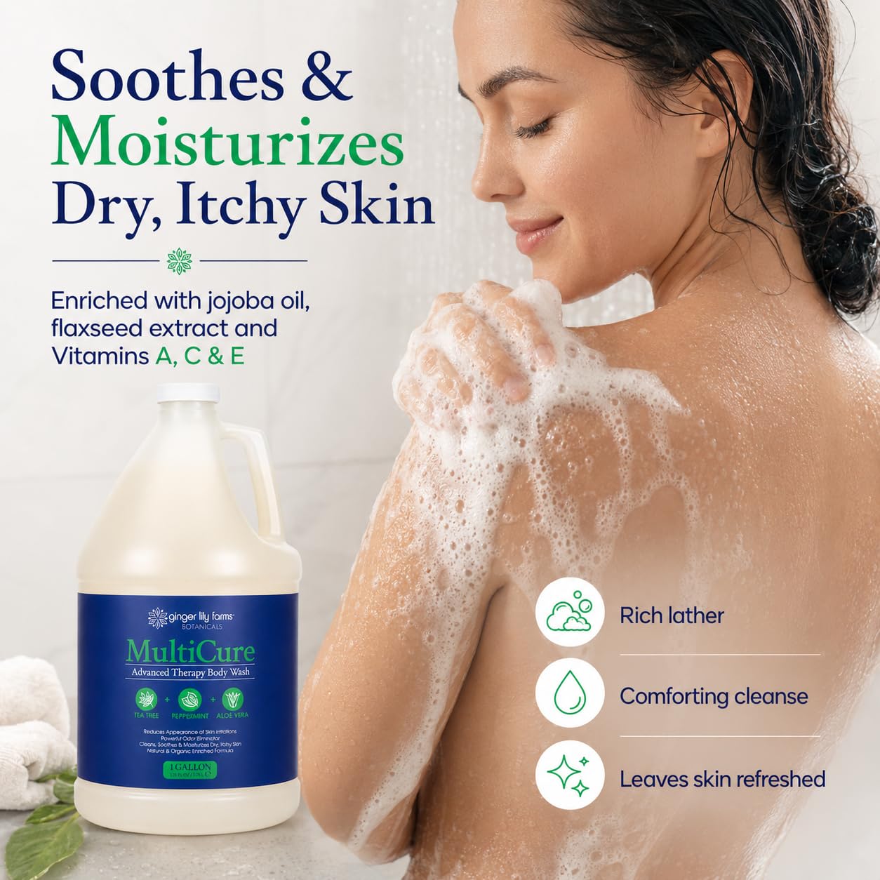 Ginger Lily Farms Botanicals MultiCure Advanced Therapy Body Wash with Tea Tree Oil, Peppermint and Aloe Vera, 100% Vegan & Cruelty-Free, 1 Gallon (128 fl oz) Refill