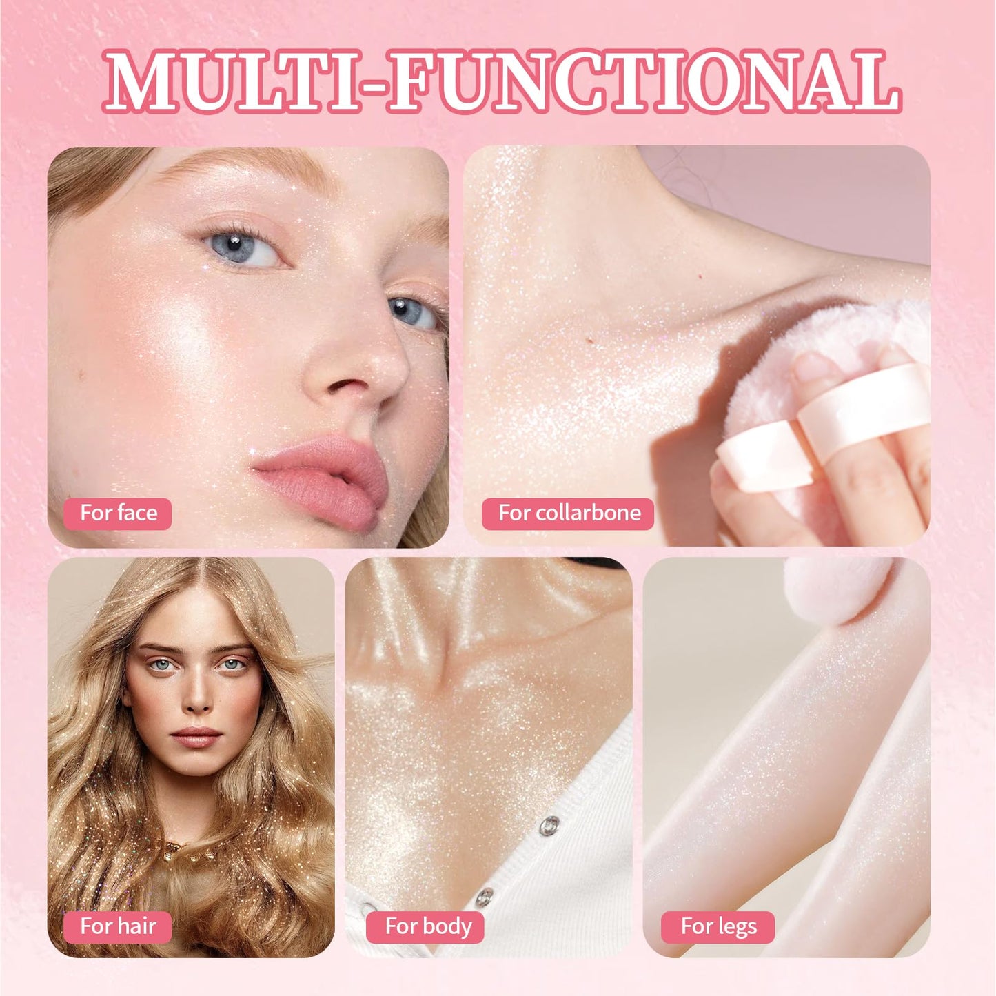 Noerrors Body Glitter Powder Puff Body Shimmer Powder Plush Peach Ball Loose Highlighter Patting High Gloss Shine Bright Illuminator Glossy Diamond Glow Sparkle Makeup for Body Face Hair