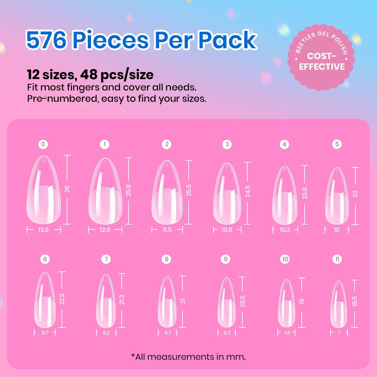 Beetles Medium Almond Nail Tips 576pcs 12 Sizes, Pre-Etched Soft Gel Tips Half Matte Full Cover Press on False Nail Tips Clear Acrylic Nails DIY Extension Gift for Women
