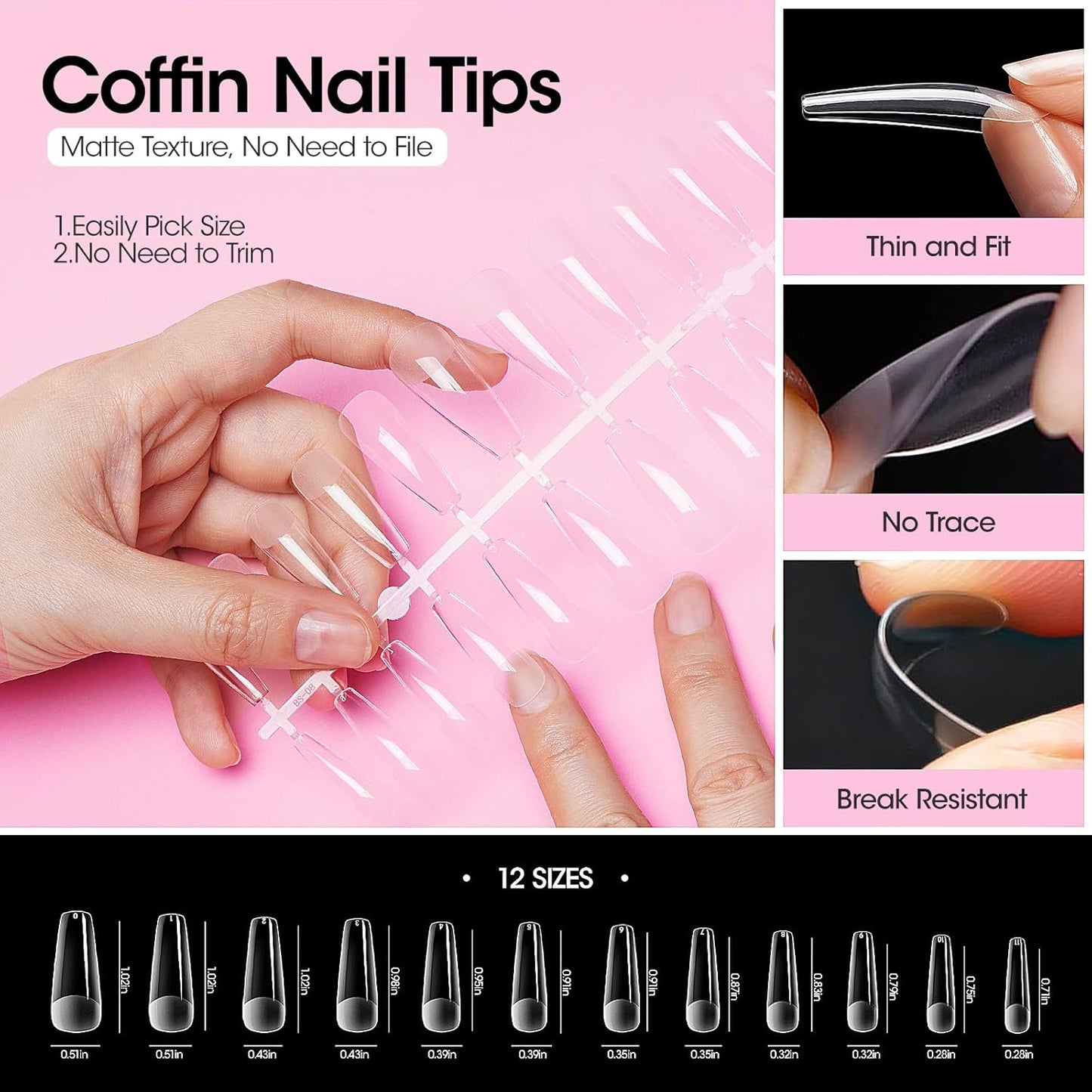 Coffin Shape Nail Tips Kit - 504Pcs Half Matte with 7 in 1 Gel Glue & UV Lamp | DIY Nail Art Set