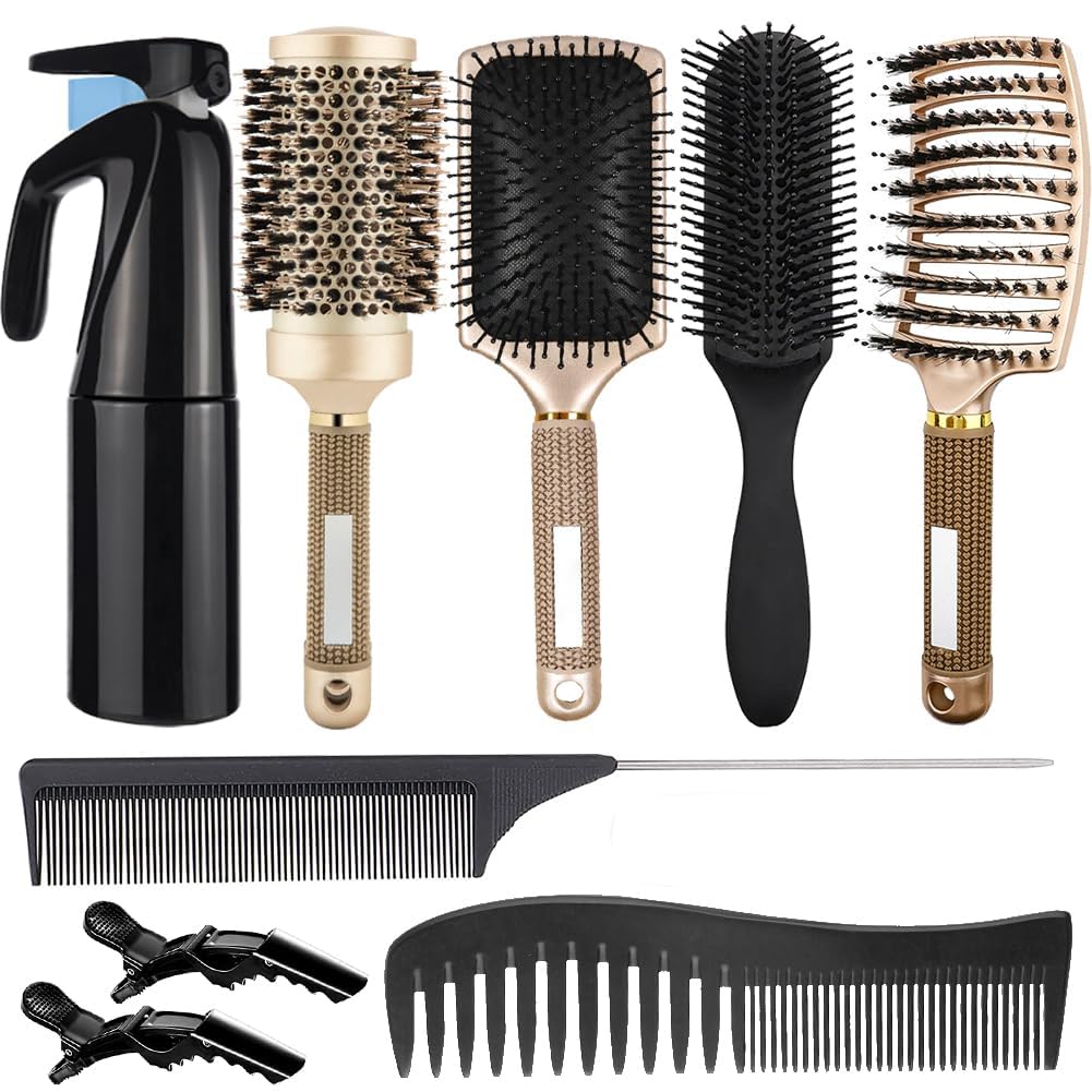 Curly Hair Brush Set - 8Pcs Round & Paddle Brushes for Women | Detangling Wet Long Thick Hair & Spray Bottle (Golden)