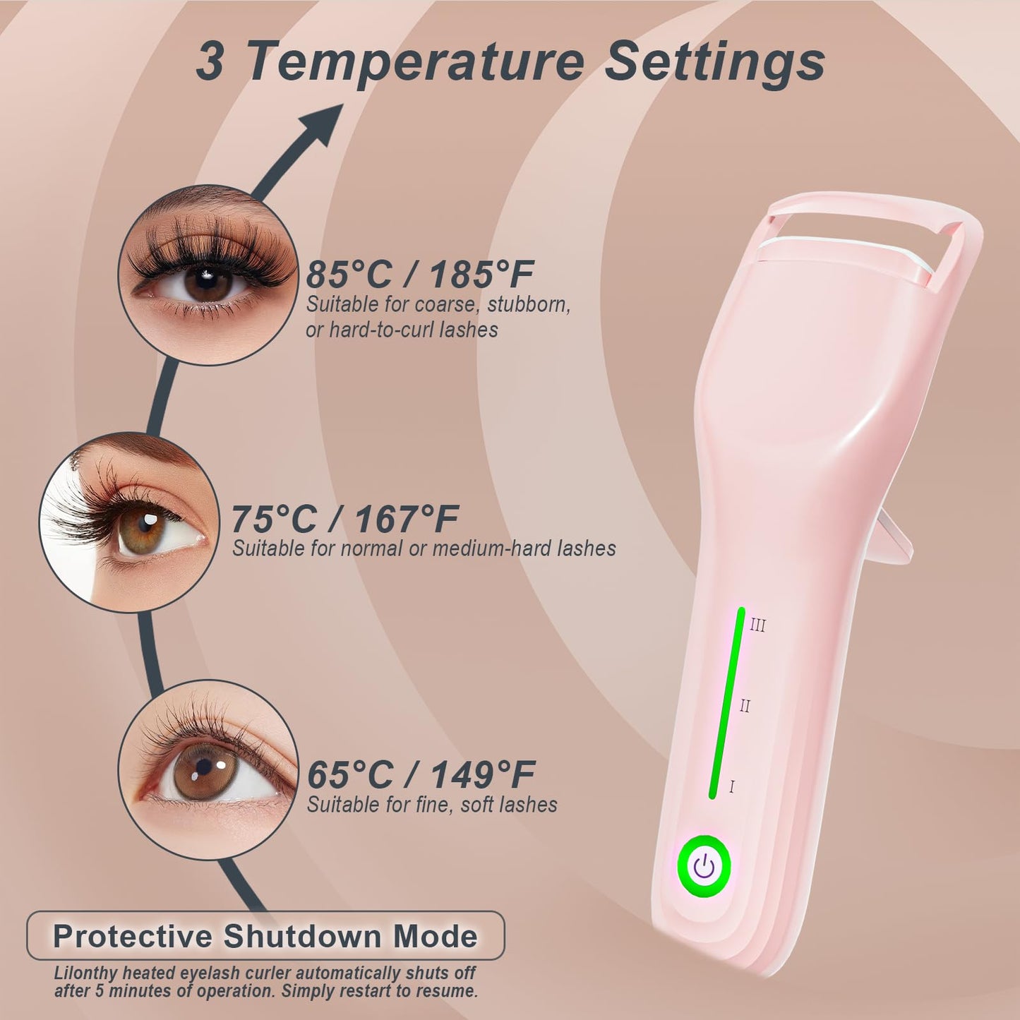 Heated Eyelash Curler for Women, Type-C Rechargeable with 3 Temp Settings & Silicone Pad for Natural C Curl, Travel-Friendly Heated Lash Curler (Pink)
