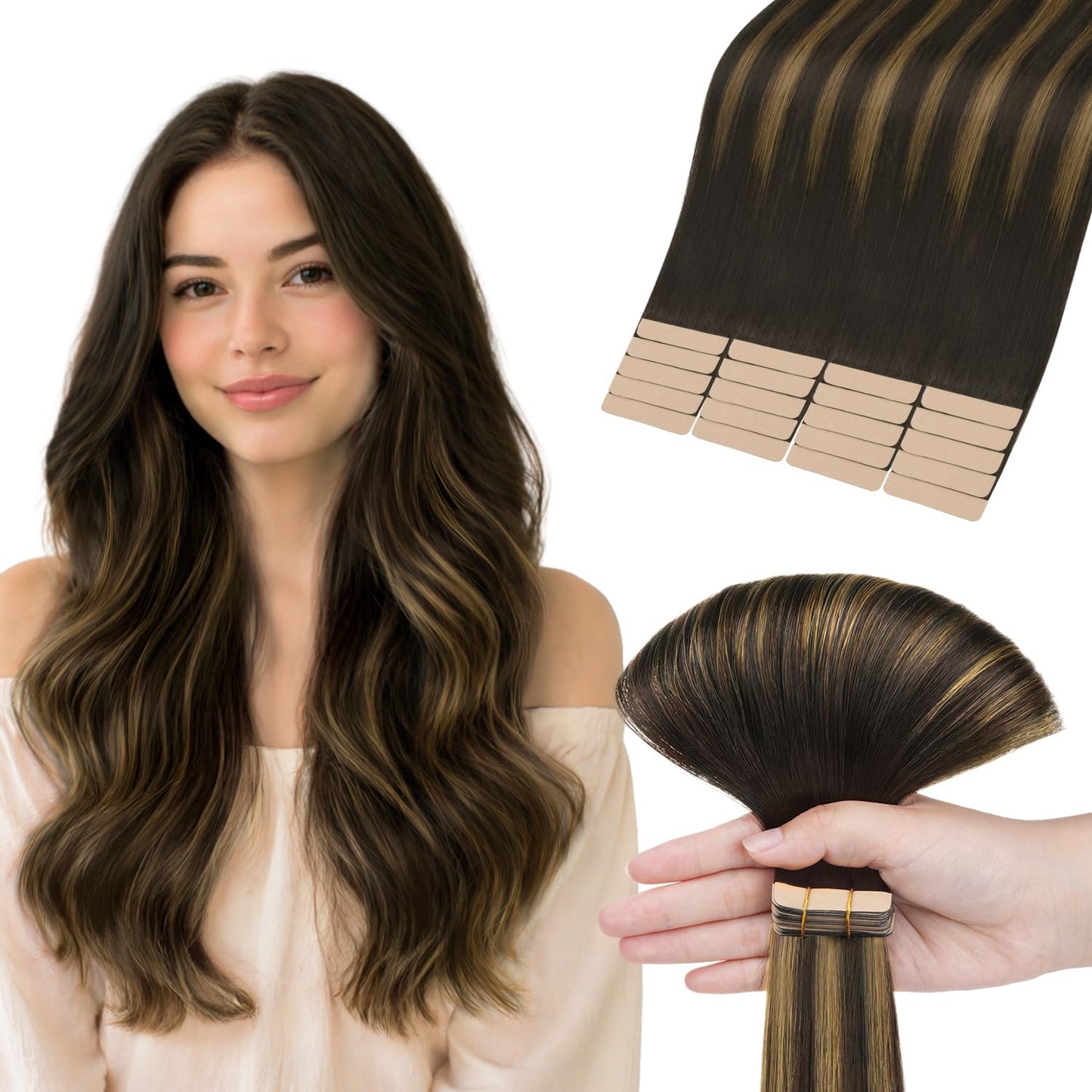 HOTBANANA Tape in Hair Extensions, 16 Inch 20pcs 50g Balayage Dark Brown Mixed Chestnut Brown Tape in Real Remy Human Hair Extensions Straight