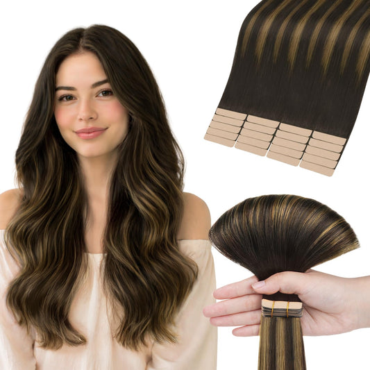HOTBANANA Tape in Hair Extensions, 16 Inch 20pcs 50g Balayage Dark Brown Mixed Chestnut Brown Tape in Real Remy Human Hair Extensions Straight