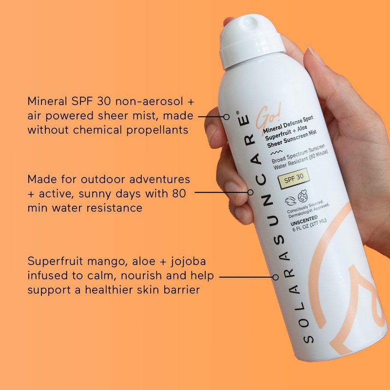 Solara Suncare - Go! Mineral Defense SPORT Superfruit Sheer Sunscreen Mist, SPF 30 | EWG Verified, Vegan, Cruelty Free, Reef friendly | Non-Aerosol, Water Resistant, All Skin Types (6 fl oz | 177 ml)