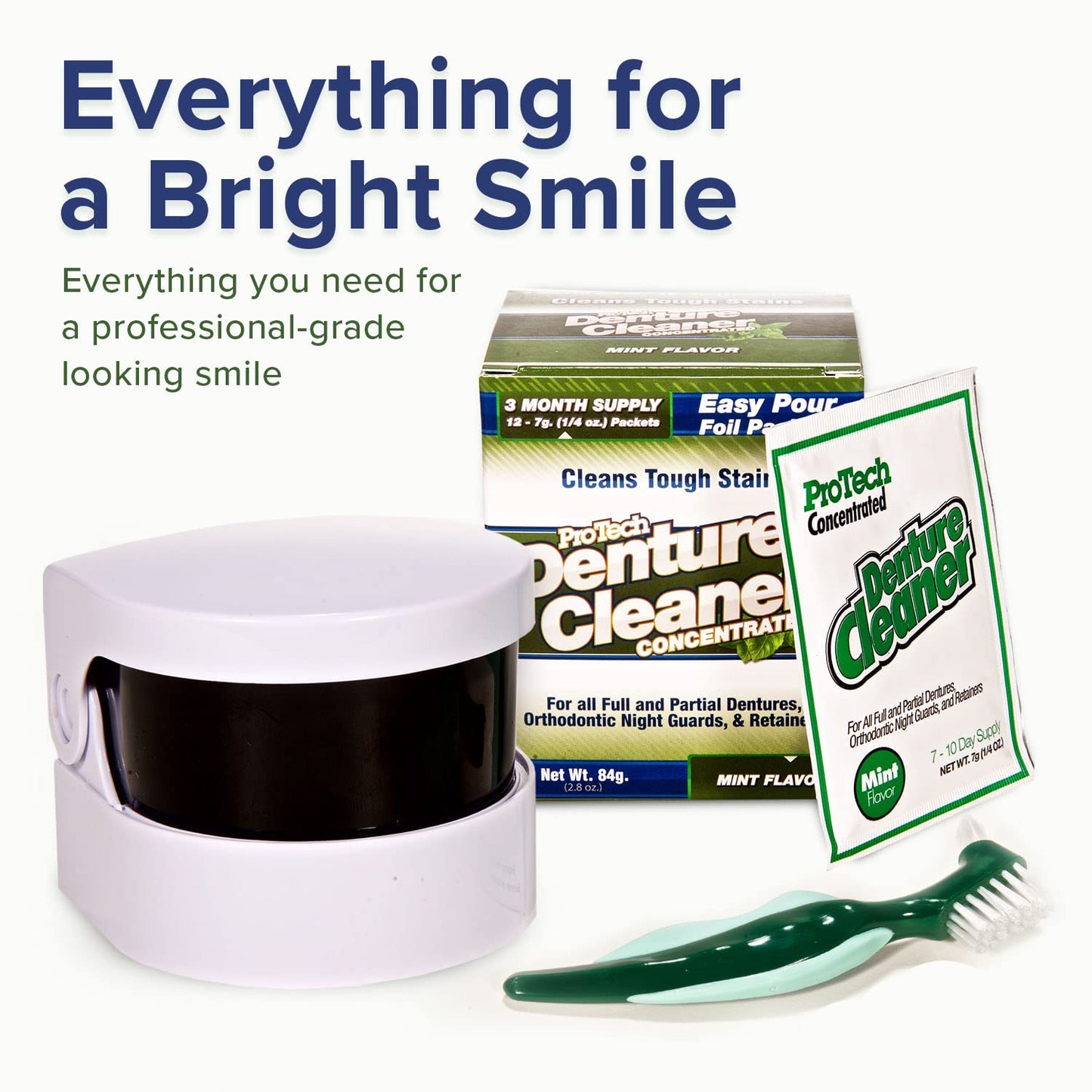 ProTech Removable Appliance Care Kit, Denture, Retainer, & Aligner and Cleaning Bundle with Ultrasonic Denture Retainer Cleaner, Brush, Solution, Informational Brochure, Pack of 3