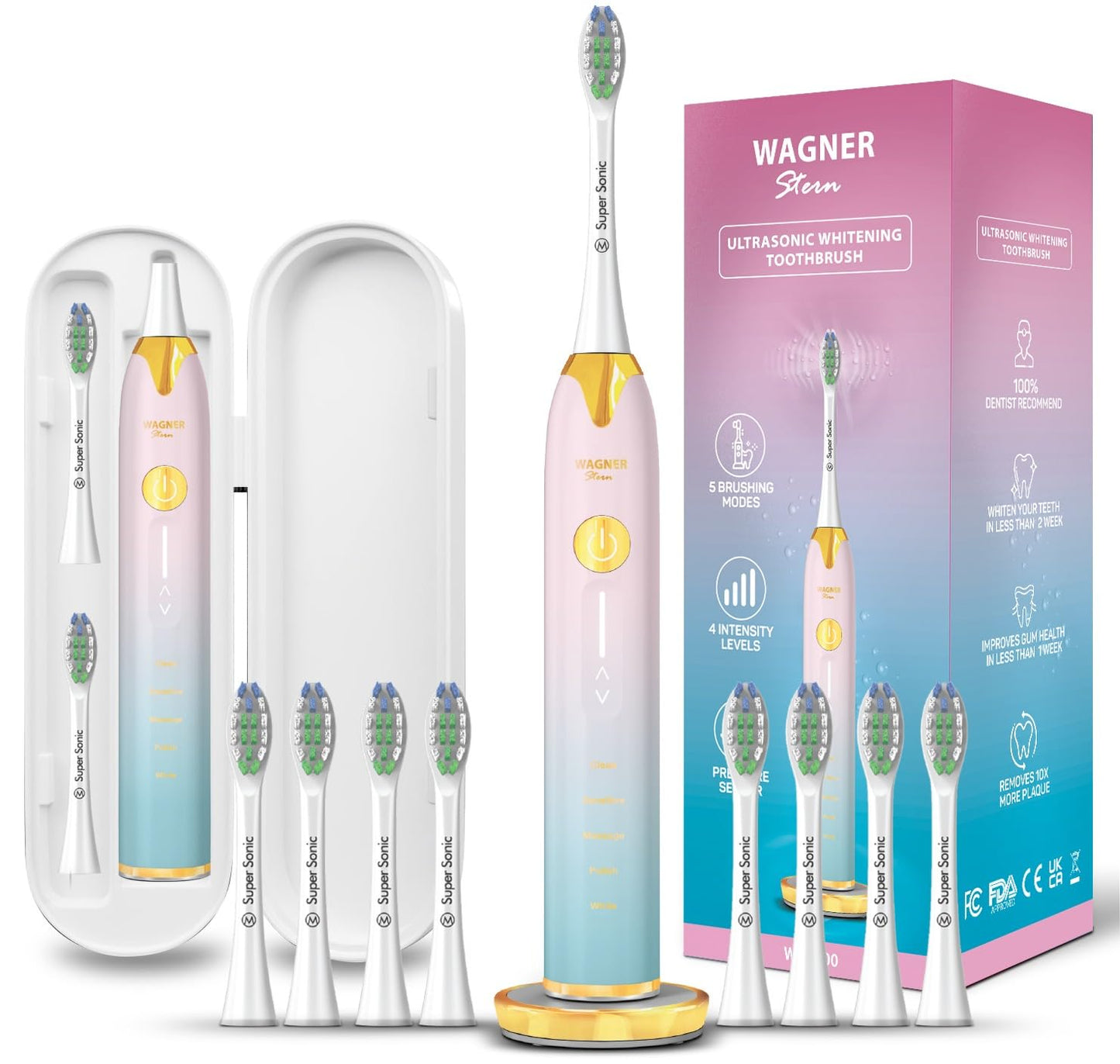 Wagner Stern Ultrasonic Whitening Toothbrush - 5 Modes, 4 Intensity Levels, Travel Case & 8 Soft Bristles