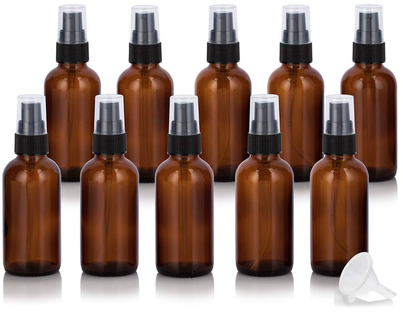 JUVITUS 2 oz Amber Glass Boston Round Black Treatment Pump Bottle (10 pack) + Funnel BPA Free Refillable Empty Storage Containers