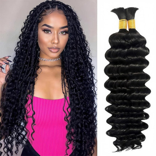 Human Braiding Hair 2 Bundles 100g 20 Inch Deep Wave Bulk 100% Human Hair for Braiding No Weft 12A Brazilian Virgin Human Hair Extensions for Boho Braids Natural Black