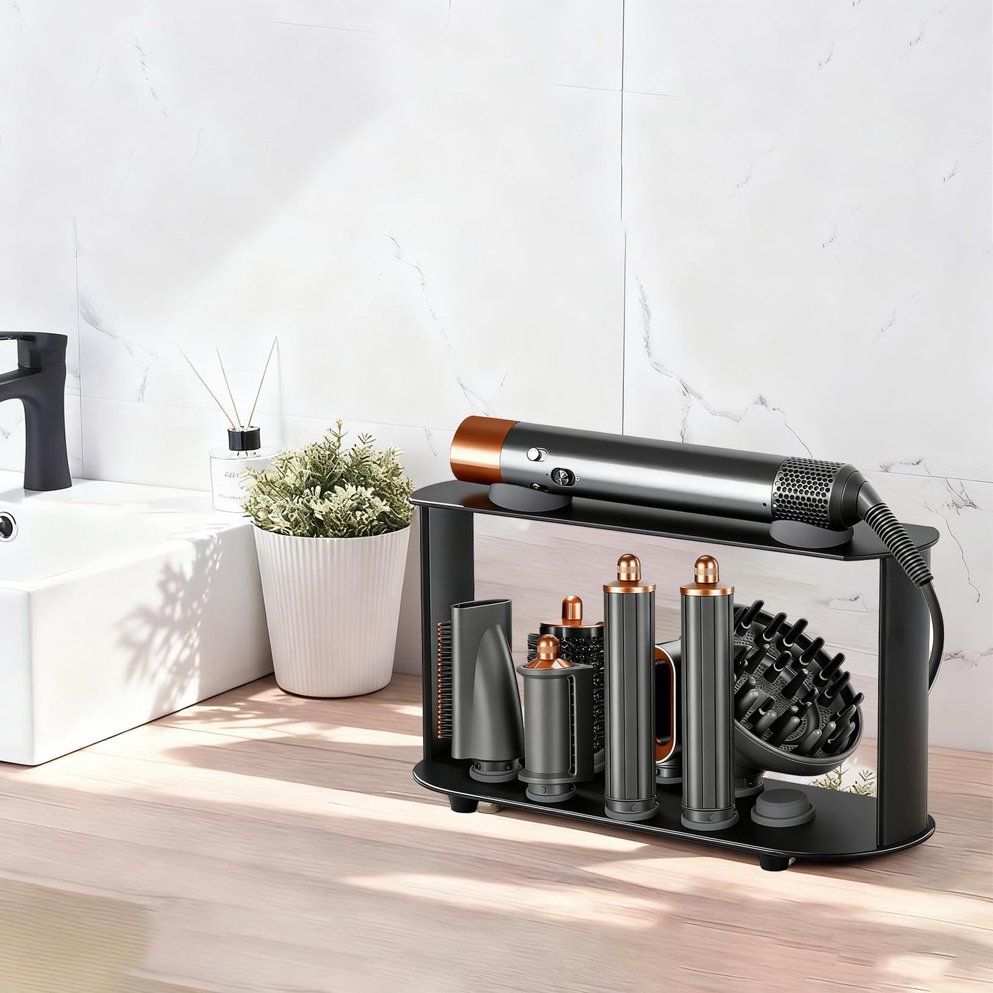 Lasvea Holder for Dyson Airwrap Attachments| 8 Holes Metal Storage Rack with Protective Silicone Pad | Countertop Organizer for Dyson Diffuser Accessories & Curling Iron with Self-Adhesive Hook, Black