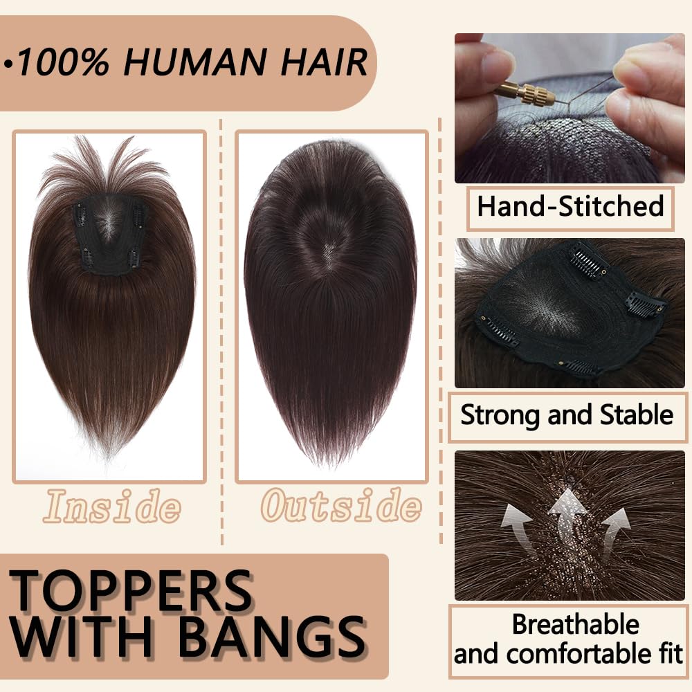HVVZOY Hair Toppers for Women Real Human Hair, 360° 3D Real Human Hair Toppers for Women with Thinning Hair Clip in Bangs Big Coverage 12 Inch Hairpieces (Gray02, 3D Wispy Bangs 10x11)