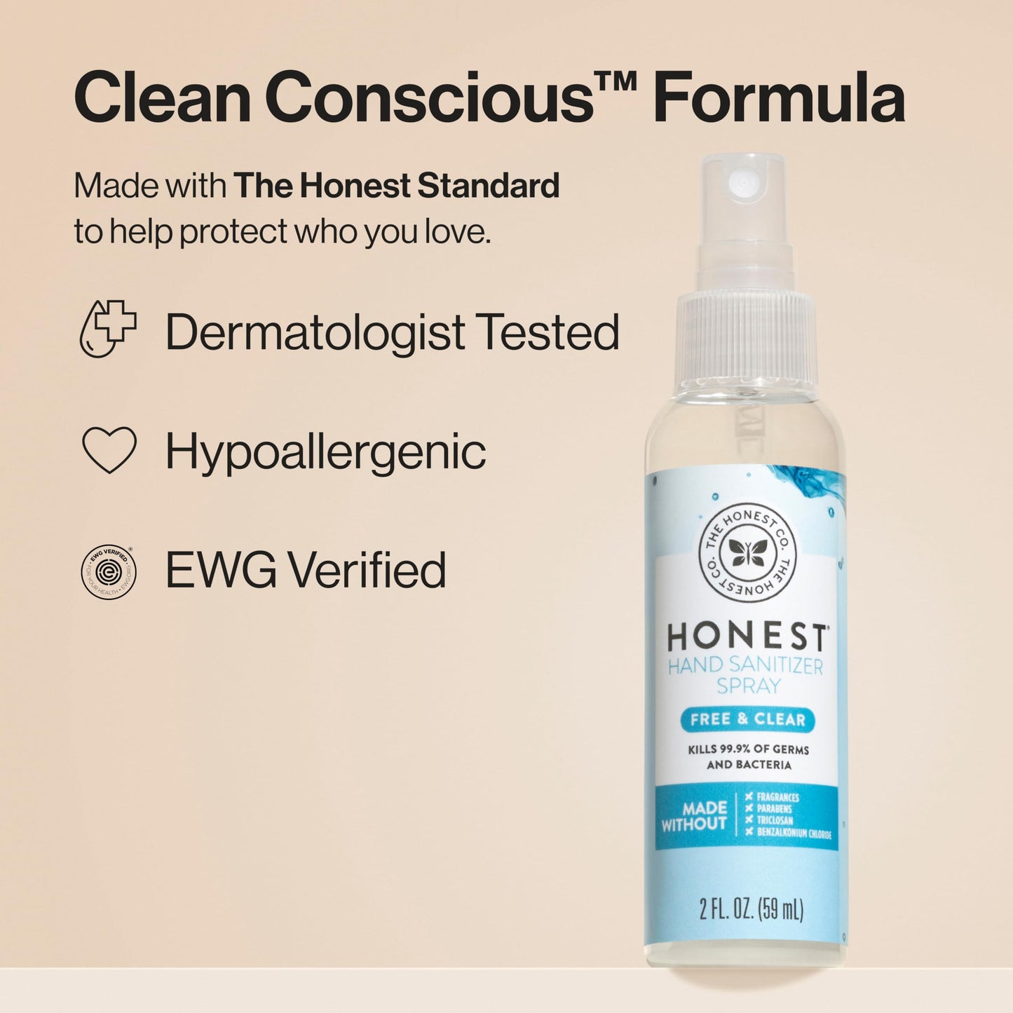 The Honest Company Plant-Based Hand Sanitizer Spray, Kills 99.9% of Germs, Hypoallergenic, Quick-drying, Moisturizing, Fragrance-Free, 2 fl oz