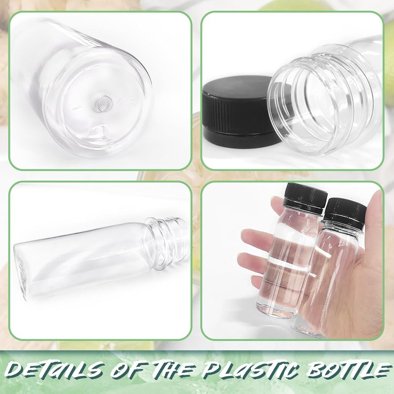 30 Pcs 2 Oz Small Plastic Bottles - Reusable Ginger Shot Containers for Juice, Liquor, DIY | Black Cap