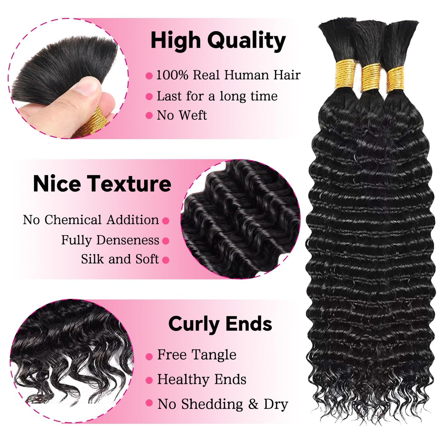 AKONSOUL Human Braiding Hair Deep Wave Bulk Human Hair Braiding 3 Bundles/Pack 110g 16 Inch No Weft Brazilian Virgin Curly Human Hair Extensions for Boho Braids Wet and Wavy Human Braiding Hair