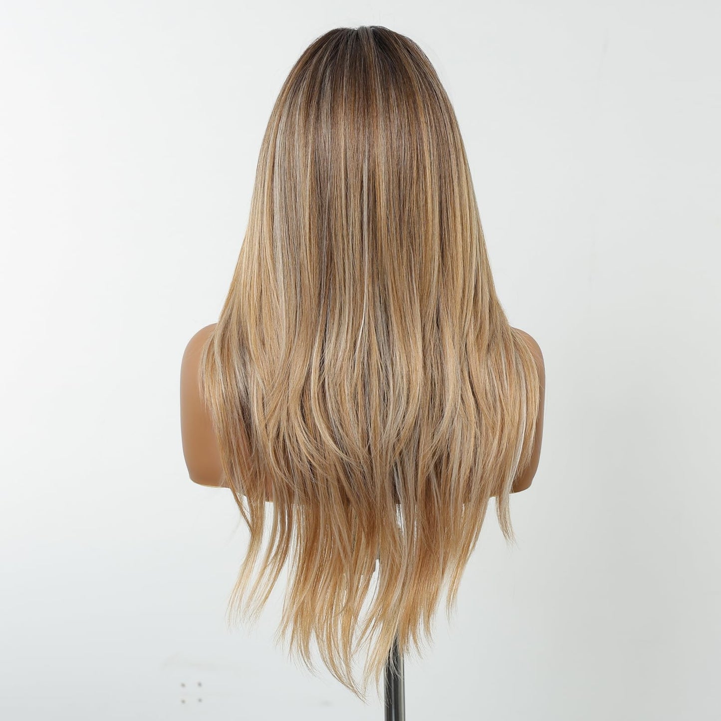 testar Long Straight Ombre Blonde Wigs for White Women Dark Brown to Blonde Highlights Silky Hair Synthetic Middle Part Wigs for Daily Use Lace Closure Natural Hairline 26 IN