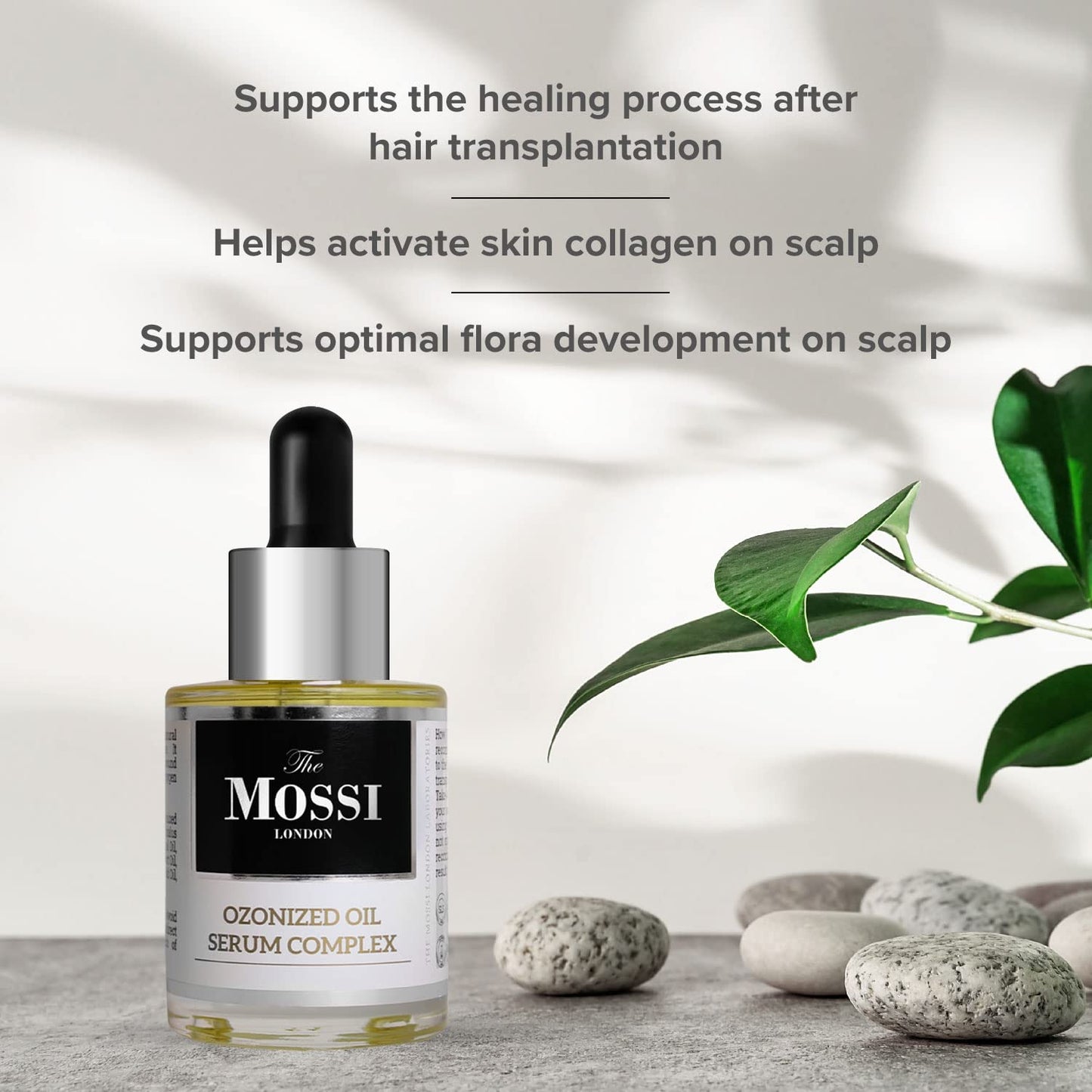 The Mossi London Ozonized Hair & Scalp Oil Serum - 50% Ozonated Olive Oil Treatment for Thicker-Looking Strands - Scalp Serum for Dry Scalp Care & Transplant Aftercare - 30ml