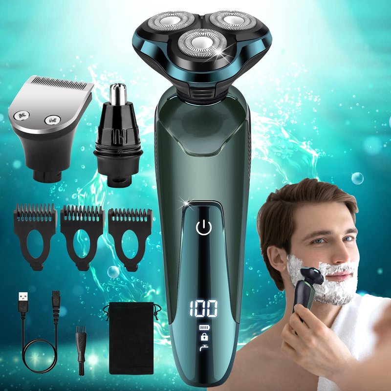 Electric Razor for Men, Electric Shavers for Men's Faces, Detachable Blade 3D Rotary for Shaving with Nose Trimmer Face Cleaning Brush Head Shavers, Wet/Dry/Waterproof Razors for Men Matte Green