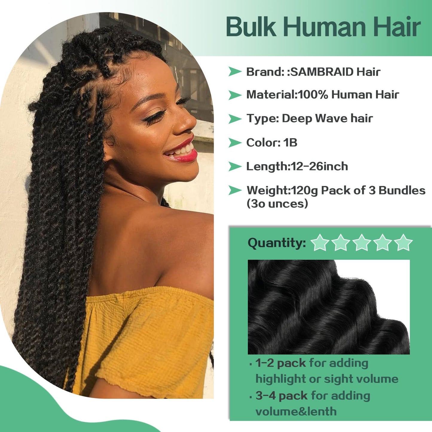 Human Braiding Hair for Boho Braids 120g 3 Bundles Deep Wave Curly Bulk Human Hair for Braiding Knotless Bohemian Natural Color (1B, 22 Inch)