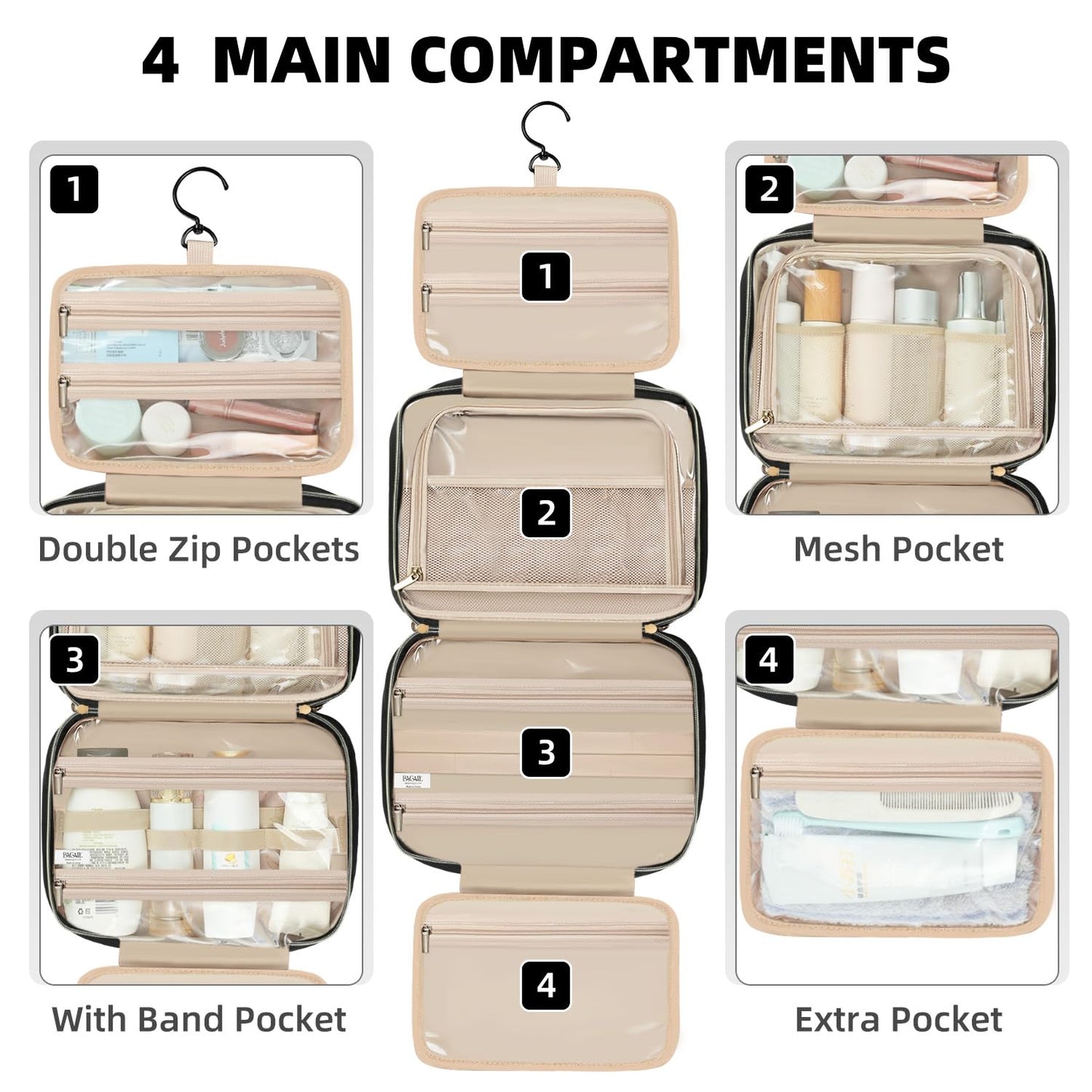 BAGAIL Hanging Toiletry Bag for Women Water-resistant Cosmetic Bag Large Capacity Travel Makeup Organizer for Full-Sized Travel Essentials(Standard, Black)