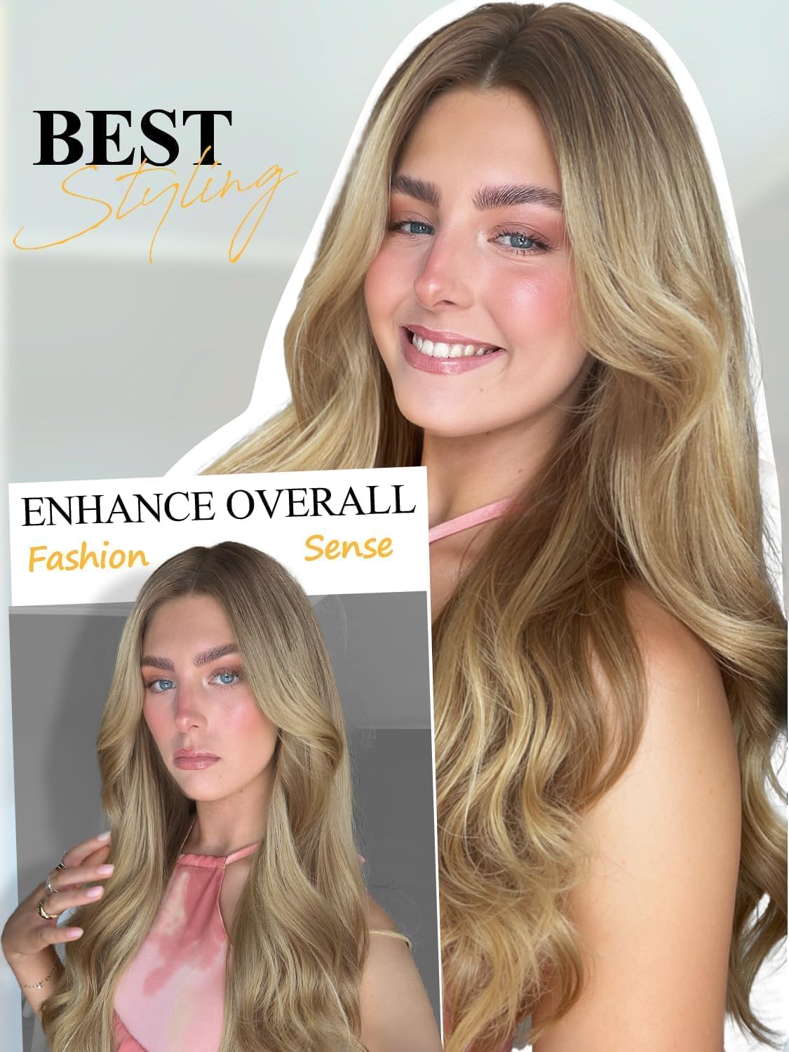 quickwig Ombre Blonde Wig Realistic HD Lace Scalp Long Curly Wavy Wigs for Women Blonde Synthetic Layered Wave Wig Long Wavy Middle Part Curly Wigs Heat Resistant Fiber for Daily Cosplay Halloween