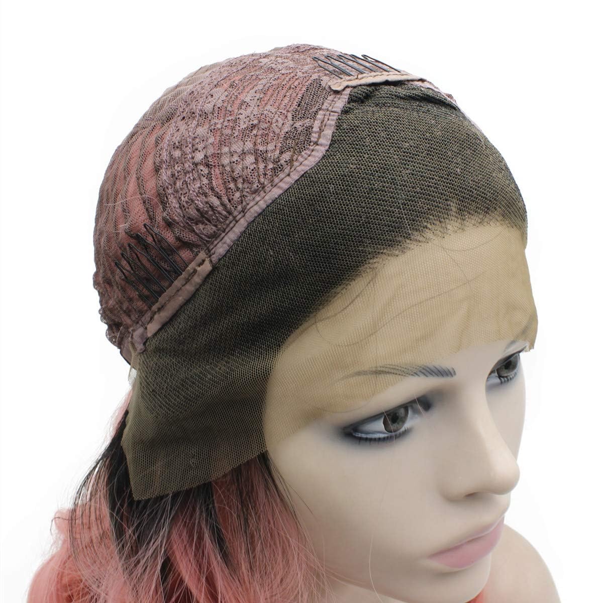 Long Wavy Pink Lace Front Wig - Dark Root Synthetic Hair | Half Hand Tied Design