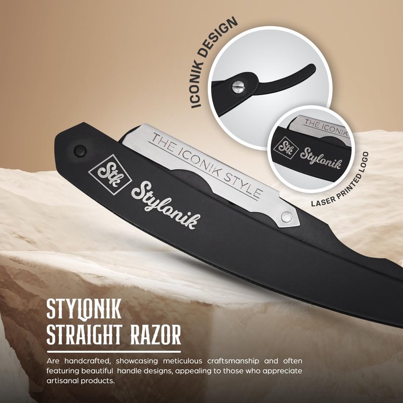 Stylonik Professional Straight Edge Barber Razor – 60 Single/30 Double-Sided Stainless Steel Blades for Men & Women, with Leather Case (Silver)