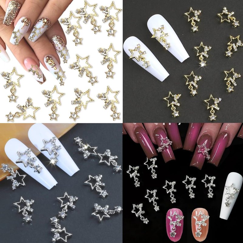 30PCS Planet Nail Charms 3D Star Gold and Silver Nail Charms for Acrylic Nails Y2K 3D Nail Rhinestones Gems Silver Nail Jewelry