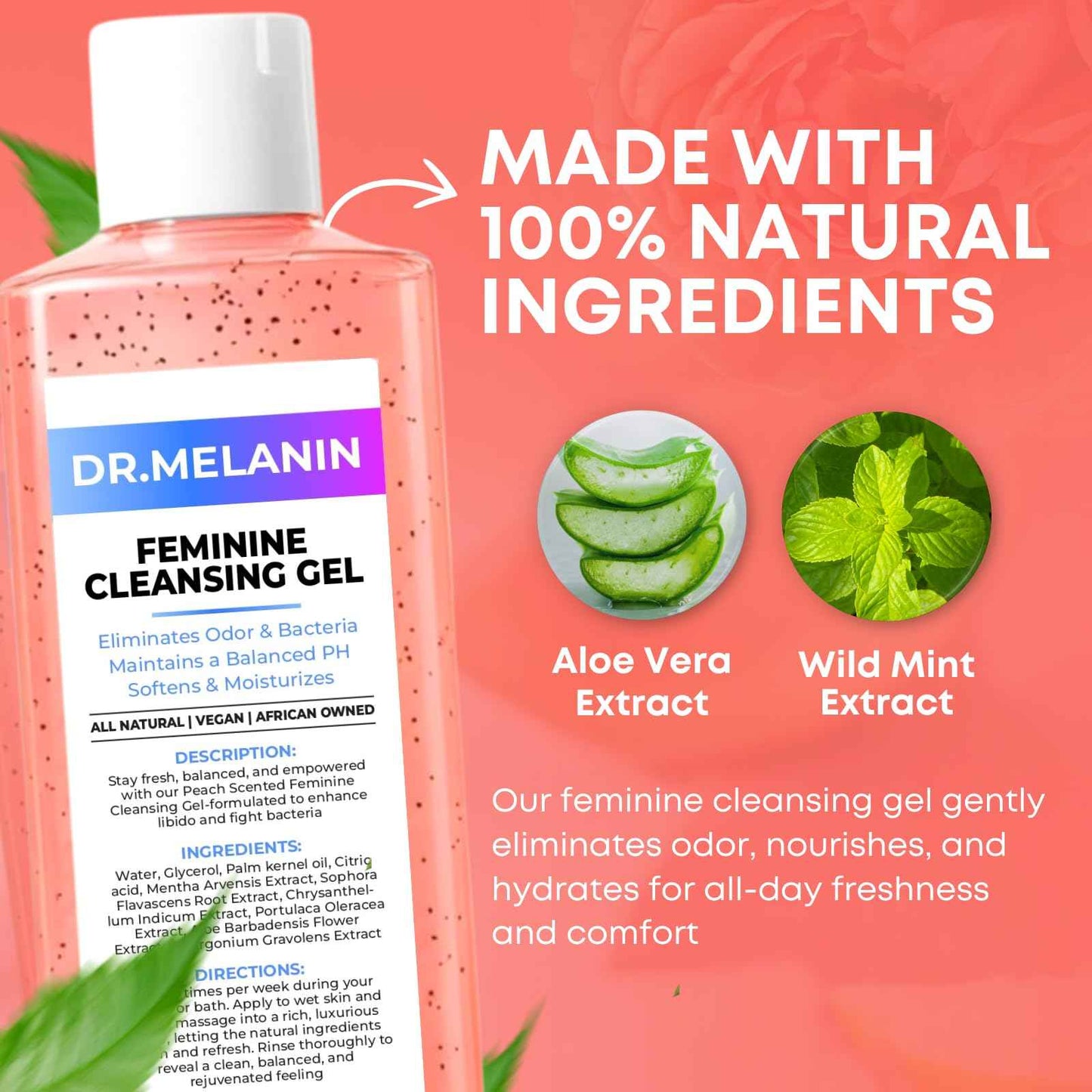 Dr. Melanin pH Balancing Peach Cleansing Shower Gel for Intimate Care – Feminine Hygiene Wash for Odor Control, Gentle Cleansing & Skin Nourishment - Aloe Vera Formula